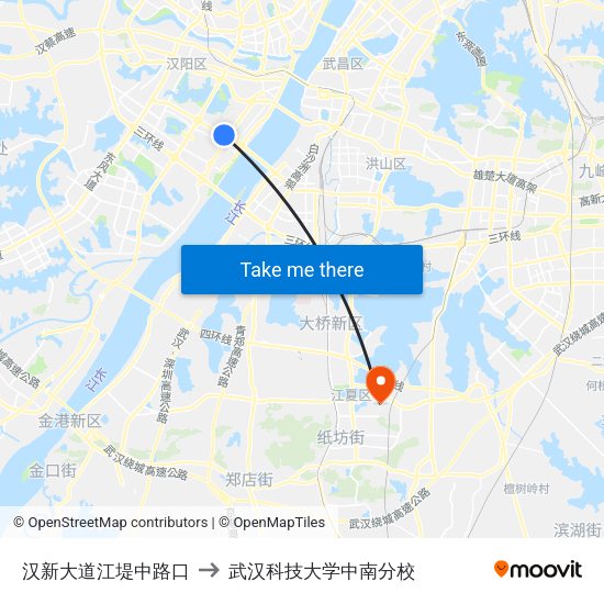 汉新大道江堤中路口 to 武汉科技大学中南分校 map