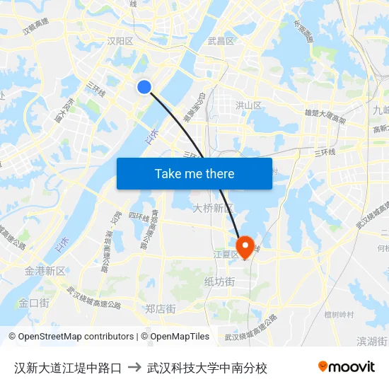 汉新大道江堤中路口 to 武汉科技大学中南分校 map