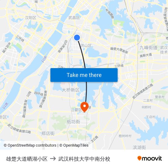 雄楚大道晒湖小区 to 武汉科技大学中南分校 map