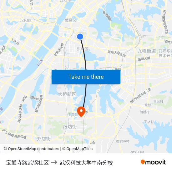 宝通寺路武锅社区 to 武汉科技大学中南分校 map