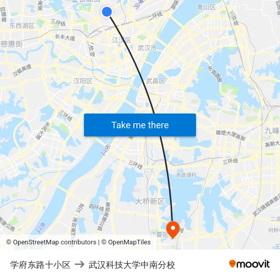 学府东路十小区 to 武汉科技大学中南分校 map