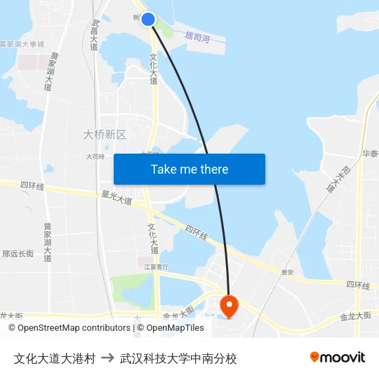 文化大道大港村 to 武汉科技大学中南分校 map