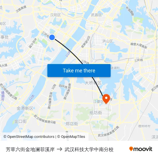 芳草六街金地澜菲溪岸 to 武汉科技大学中南分校 map