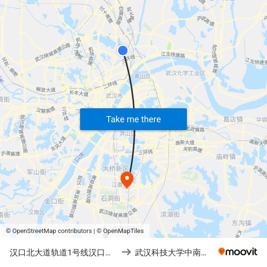 汉口北大道轨道1号线汉口北站 to 武汉科技大学中南分校 map
