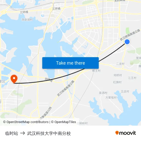 临时站 to 武汉科技大学中南分校 map