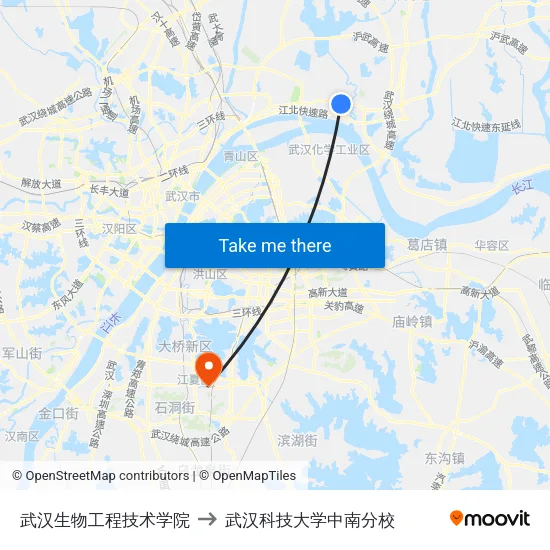 武汉生物工程技术学院 to 武汉科技大学中南分校 map