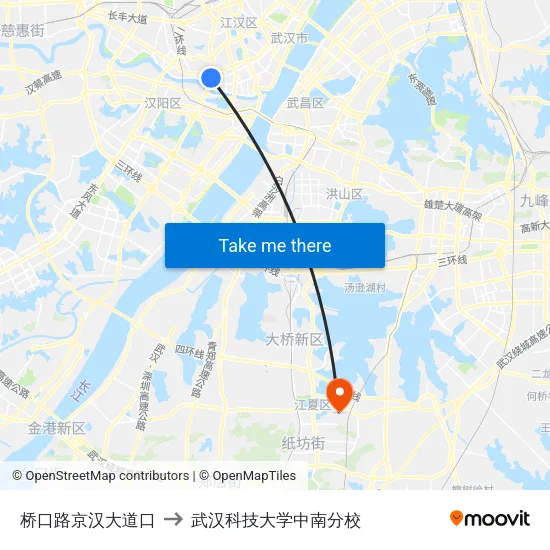 桥口路京汉大道口 to 武汉科技大学中南分校 map