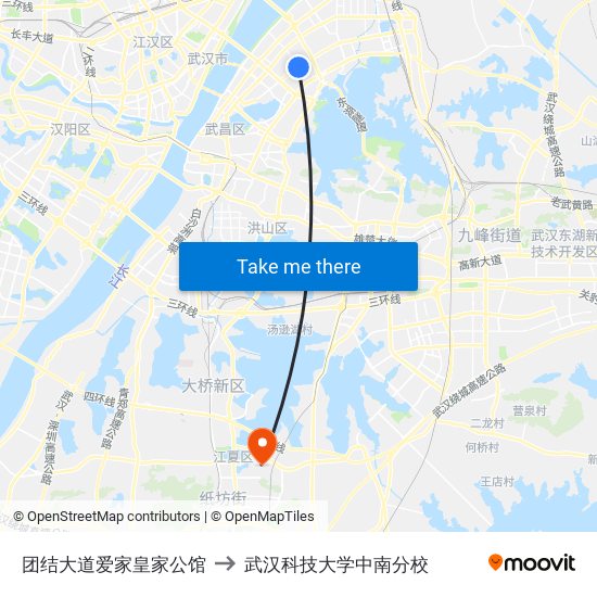 团结大道爱家皇家公馆 to 武汉科技大学中南分校 map