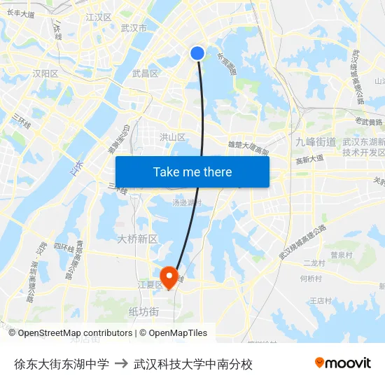 徐东大街东湖中学 to 武汉科技大学中南分校 map