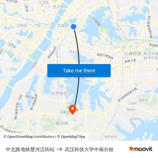 中北路地铁楚河汉街站 to 武汉科技大学中南分校 map