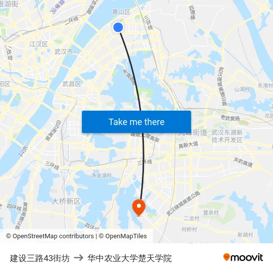 建设三路43街坊 to 华中农业大学楚天学院 map