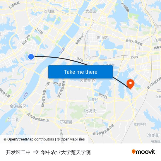 开发区二中 to 华中农业大学楚天学院 map