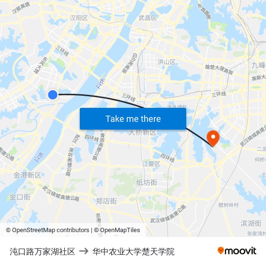 沌口路万家湖社区 to 华中农业大学楚天学院 map