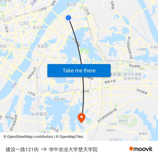 建设一路121街 to 华中农业大学楚天学院 map