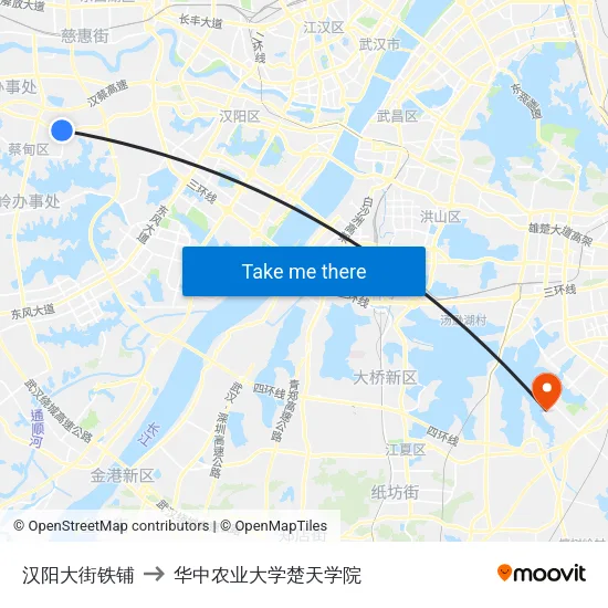 汉阳大街铁铺 to 华中农业大学楚天学院 map