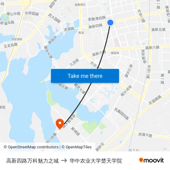 高新四路万科魅力之城 to 华中农业大学楚天学院 map