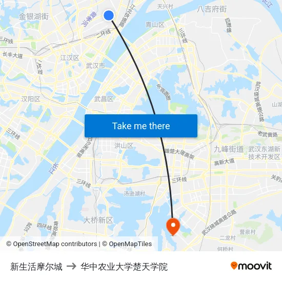 新生活摩尔城 to 华中农业大学楚天学院 map