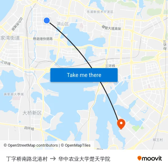 丁字桥南路北港村 to 华中农业大学楚天学院 map