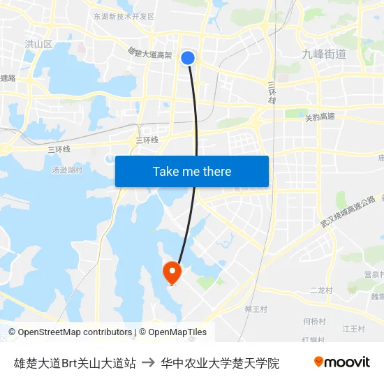 雄楚大道Brt关山大道站 to 华中农业大学楚天学院 map