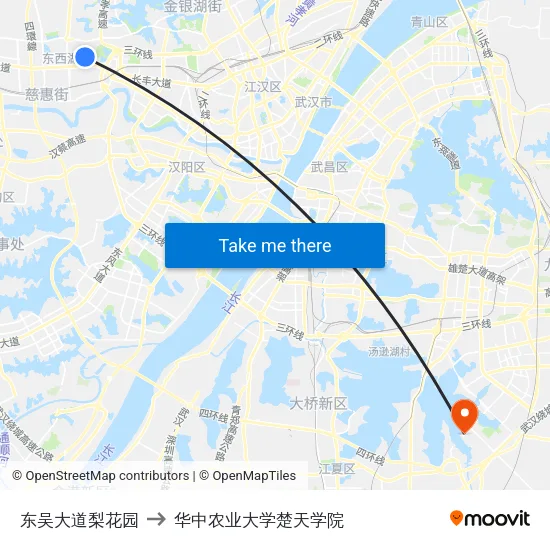 东吴大道梨花园 to 华中农业大学楚天学院 map