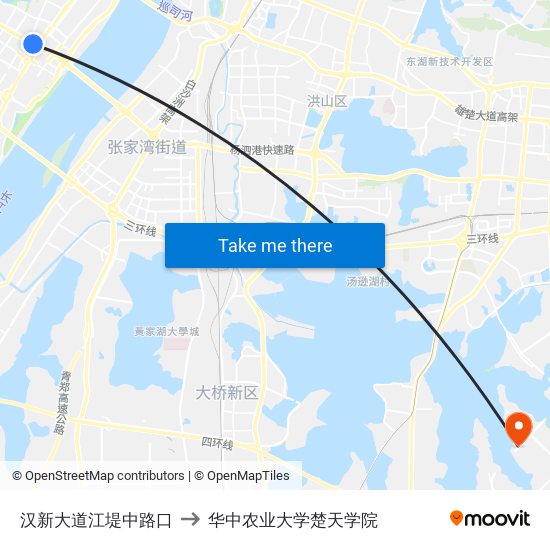 汉新大道江堤中路口 to 华中农业大学楚天学院 map