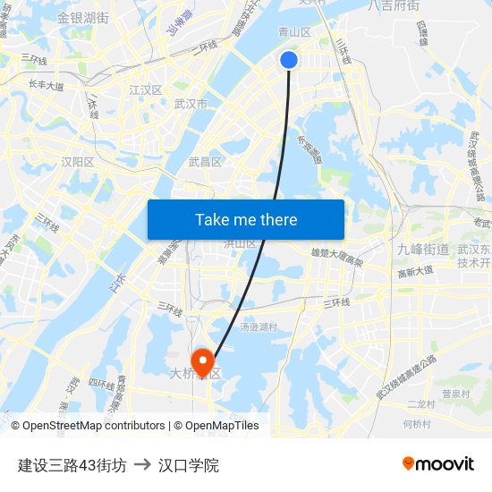 建设三路43街坊 to 汉口学院 map