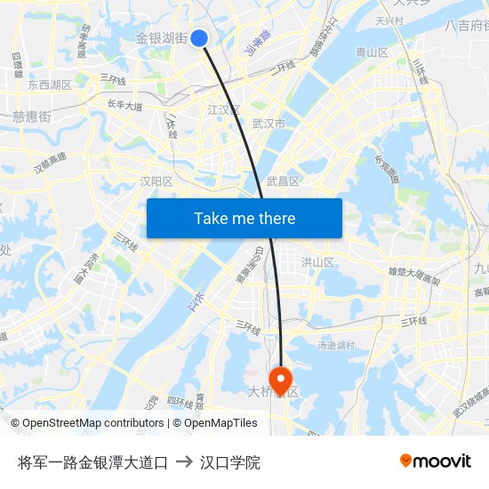 将军一路金银潭大道口 to 汉口学院 map