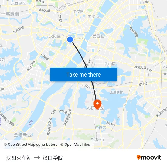 汉阳火车站 to 汉口学院 map