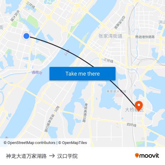 神龙大道万家湖路 to 汉口学院 map