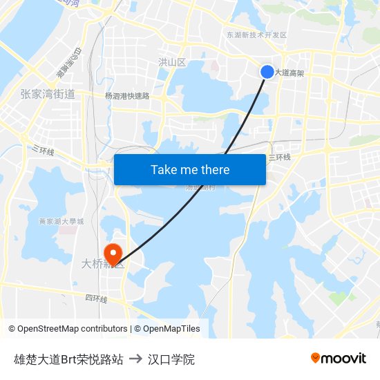 雄楚大道Brt荣悦路站 to 汉口学院 map