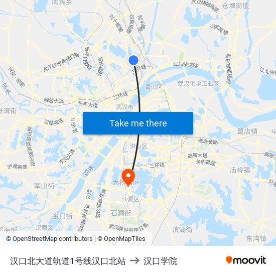 汉口北大道轨道1号线汉口北站 to 汉口学院 map