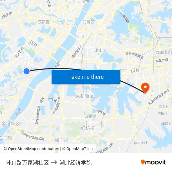 沌口路万家湖社区 to 湖北经济学院 map