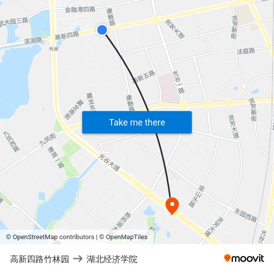 高新四路竹林园 to 湖北经济学院 map