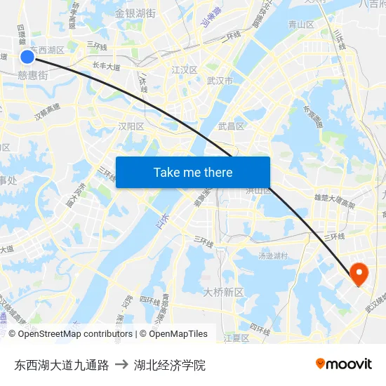 东西湖大道九通路 to 湖北经济学院 map