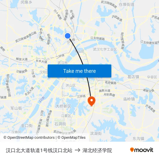 汉口北大道轨道1号线汉口北站 to 湖北经济学院 map