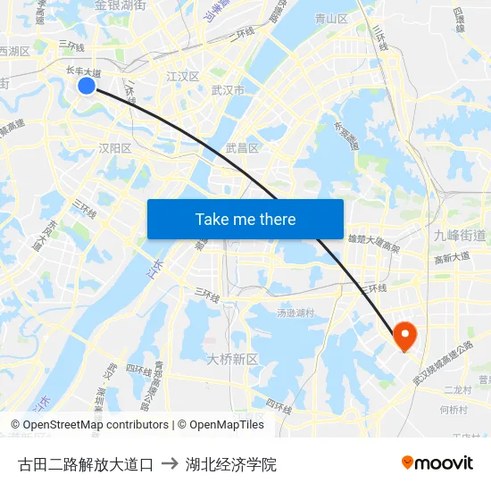 古田二路解放大道口 to 湖北经济学院 map