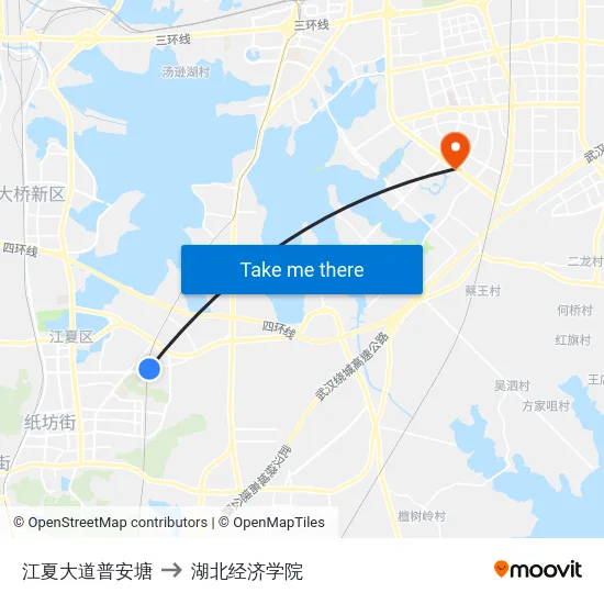 江夏大道普安塘 to 湖北经济学院 map