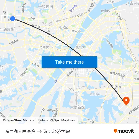 东西湖人民医院 to 湖北经济学院 map