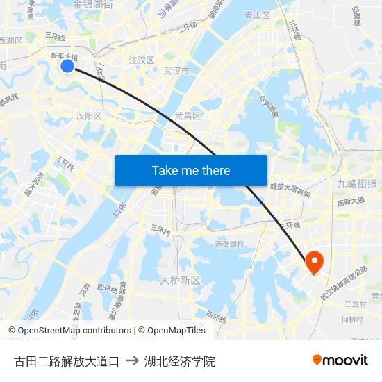 古田二路解放大道口 to 湖北经济学院 map