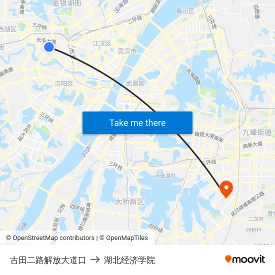 古田二路解放大道口 to 湖北经济学院 map