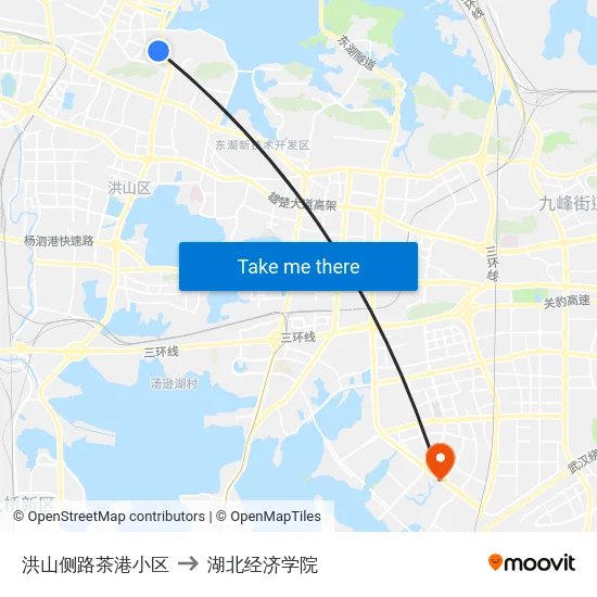 洪山侧路茶港小区 to 湖北经济学院 map