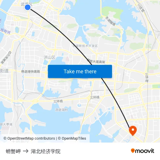 螃蟹岬 to 湖北经济学院 map