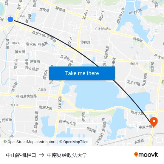 中山路栅栏口 to 中南财经政法大学 map
