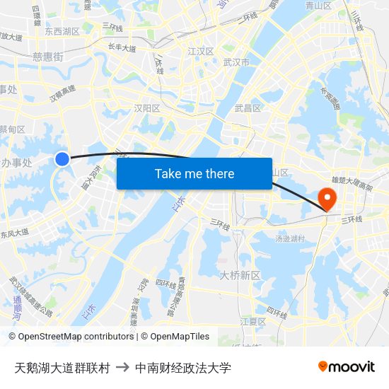 天鹅湖大道群联村 to 中南财经政法大学 map