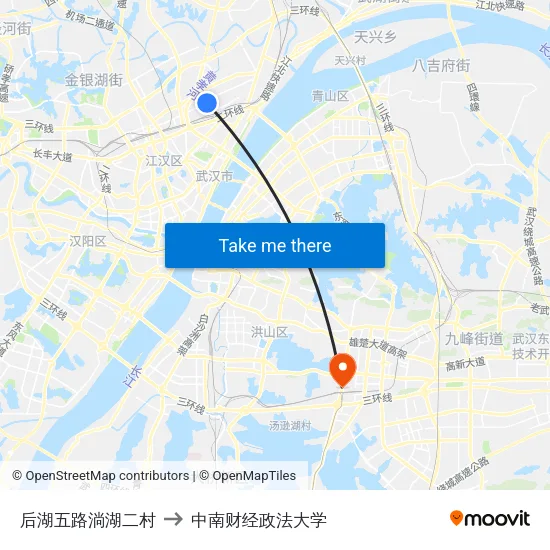 后湖五路淌湖二村 to 中南财经政法大学 map