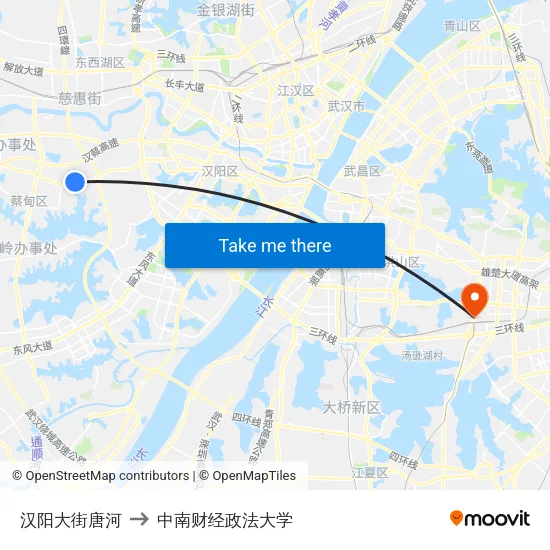 汉阳大街唐河 to 中南财经政法大学 map