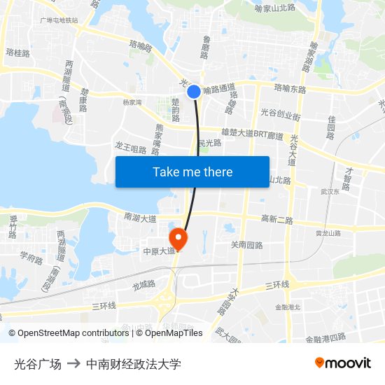 光谷广场 to 中南财经政法大学 map