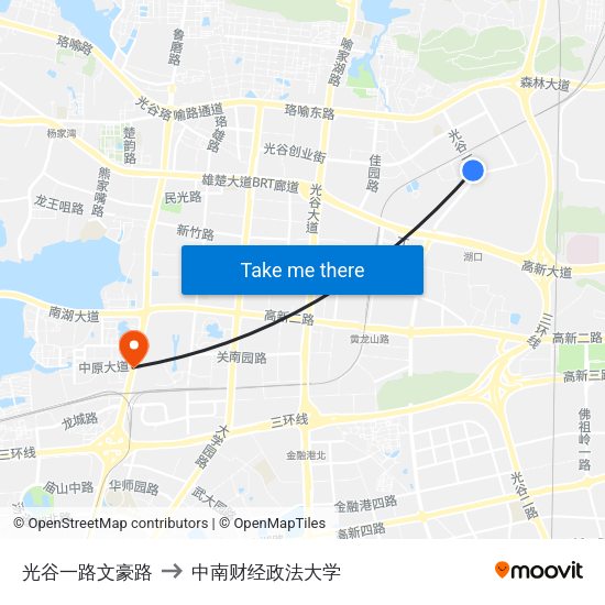 光谷一路文豪路 to 中南财经政法大学 map