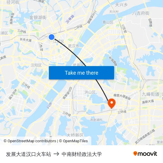 发展大道汉口火车站 to 中南财经政法大学 map