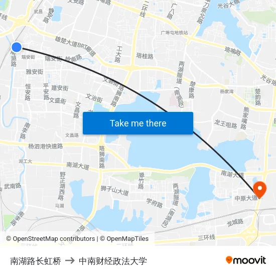 南湖路长虹桥 to 中南财经政法大学 map